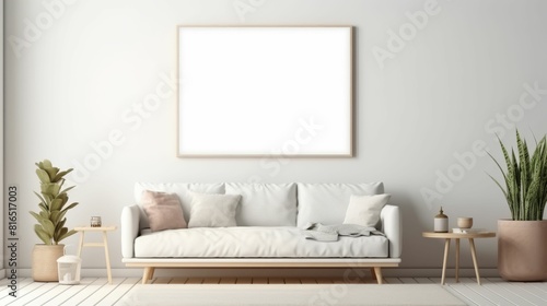 Light minimalistic living room interior with blank picture frame mockup on the wall and sofa in the center.
