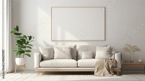 An empty horizontal poster frame mockup adorning the walls of a serene Scandinavian white style living room interior  creating a sense of tranquility