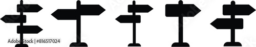 Set of Street signpost fill vectors. Way finding signs icons, Navigate effortlessly with our directional signs. Traffic direction boards. Ideal for guidance themed designs on transparent background.