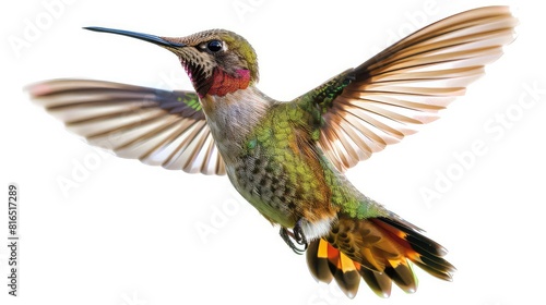A captivating photo showcasing the vibrant hues and intricate patterns of a hummingbird s wings as it hovers gracefully against a pristine white background.