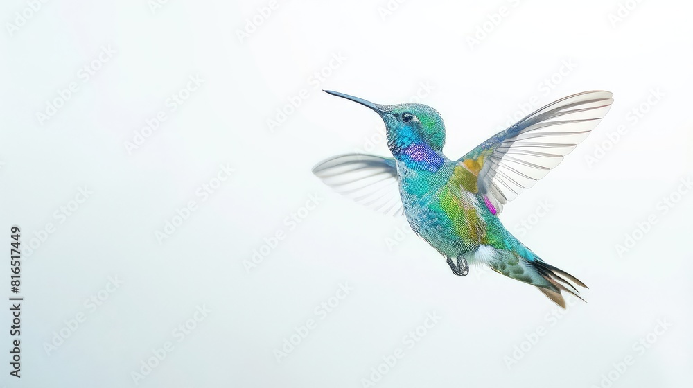 Obraz premium An engaging image showcasing the delicate and colorful plumage of a flying hummingbird against a pristine white backdrop, offering a captivating and dynamic option for a high-quality.