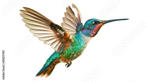 A mesmerizing shot capturing the shimmering colors and agile movement of an exotic hummingbird in flight, beautifully contrasted against a pure white background for a stunning.