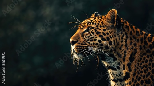 An atmospheric photo featuring the entire majestic profile of a leopard against a captivating background  with its agile posture and piercing eyes making it a stunning subject for a 4K wallpaper. 