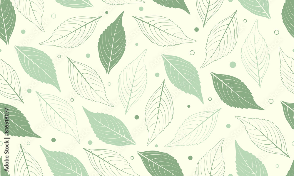 Pastel green leaves seamless pattern on light yellow background. Vector Repeating Texture.