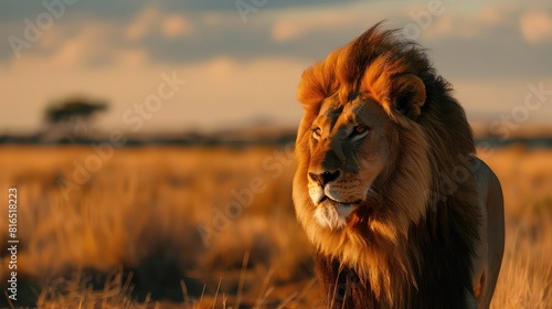 A dynamic shot capturing the full length of a lion in all its glory  with its mane flowing and eyes focused  against a breathtaking natural background  creating a visually striking 4K wallpaper.