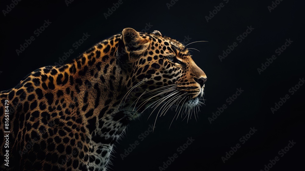 Naklejka premium An atmospheric photo capturing the timeless beauty of a leopard against a deep black background, with its majestic presence and elegant profile making it a stunning subject for a captivating.