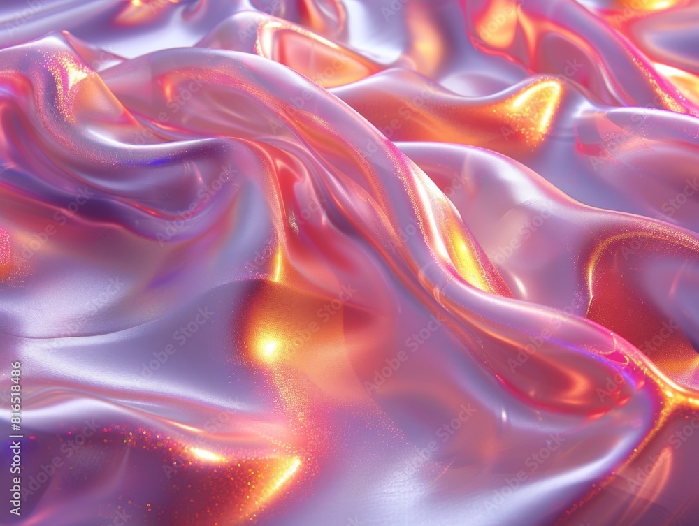 Obraz premium Shimmering Metallic Chrome Liquid Gradient Abstract Texture Background. Holographic Iridescent Silver Foil Wave, Neon Rainbow Gradient Fluid Reflection
