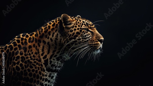 An atmospheric photo capturing the timeless beauty of a leopard against a deep black background  with its majestic presence and elegant profile making it a stunning subject for a captivating.