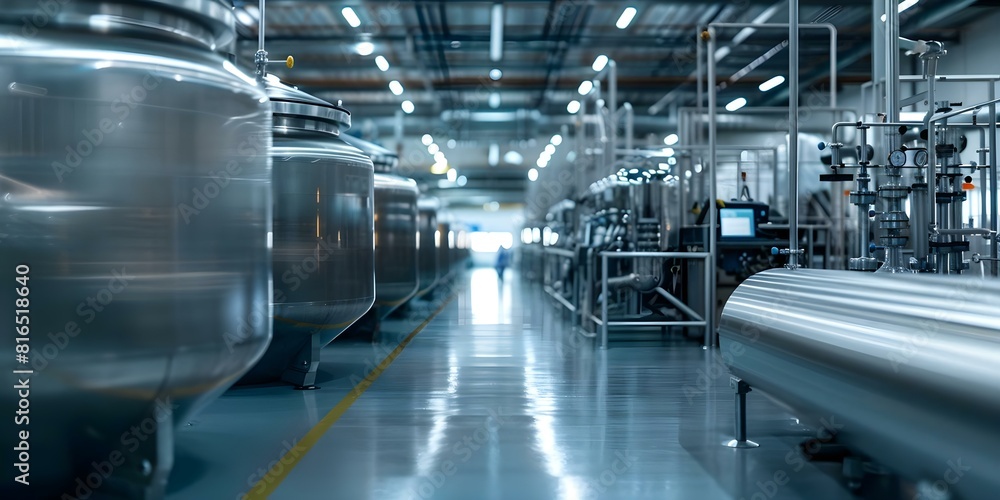 Illuminated biopharmaceutical factory showcasing large metal tanks and lab equipment. Concept Industrial Photography, Biopharmaceutical Facility, Metal Tanks, Lab Equipment, Illuminated Factory