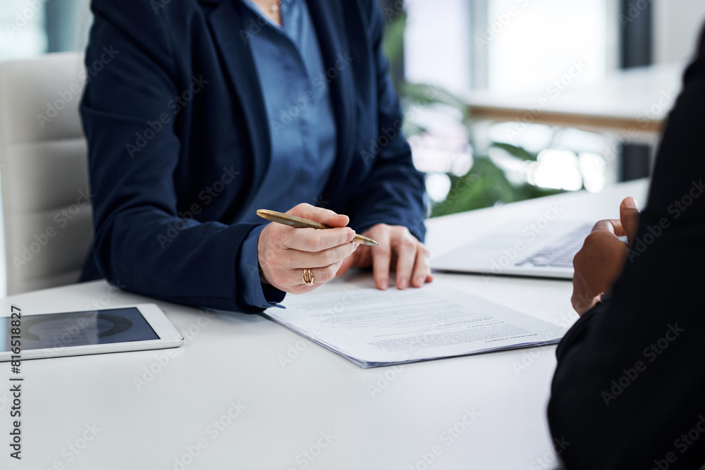 Meeting, client and hands of lawyer with paperwork, contract or negotiation of document or policy. People, planning or writing agreement terms and conditions of deal or trust attorney with legal info Meeting, client and hands of lawyer with paperwork, contract or negotiation of document or policy. People, planning or writing agreement terms and conditions of deal or trust attorney with legal info
