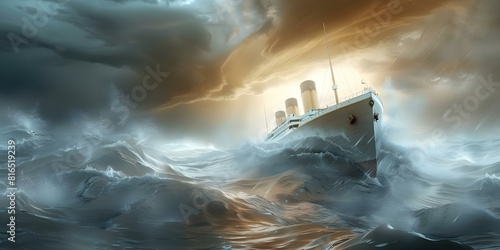 Titanic ship sailing through stormy seas with dramatic seascape background. Concept Nautical, Dramatic, Stormy Seas, Titanic Ship, Sailing