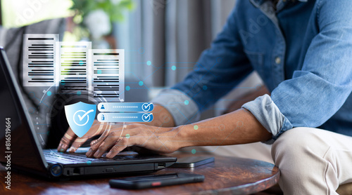 data security information alert user and password during man using laptop , data security,  information securuty, and cyber security concept