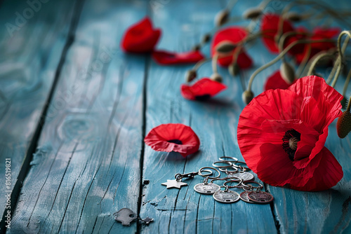 Memorial Day solemnity red poppy and tags on distressed vintage blue wood. photo