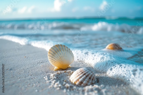 three seashells on a sandy beach near the ocean © Kevin