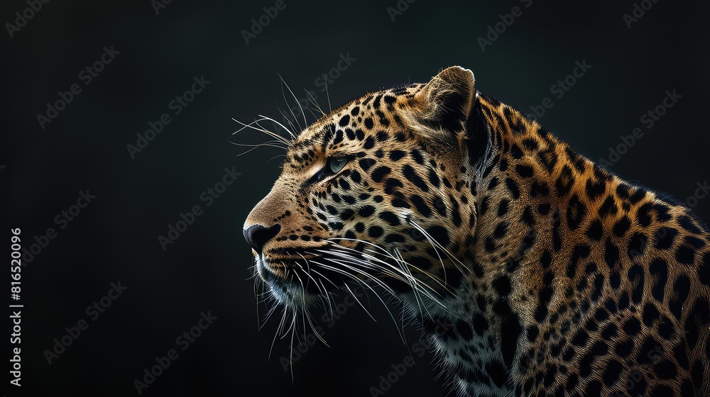 An atmospheric photo showcasing the captivating presence of a leopard against a rich black background, with its fierce expression and elegant profile making it a stunning choice for a 4K wallpaper. An atmospheric photo showcasing the captivating presence of a leopard against a rich black background, with its fierce expression and elegant profile making it a stunning choice for a 4K wallpaper.