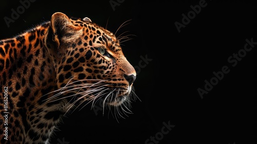 An atmospheric photo showcasing the captivating presence of a leopard against a rich black background  with its fierce expression and elegant profile making it a stunning choice for a 4K wallpaper.