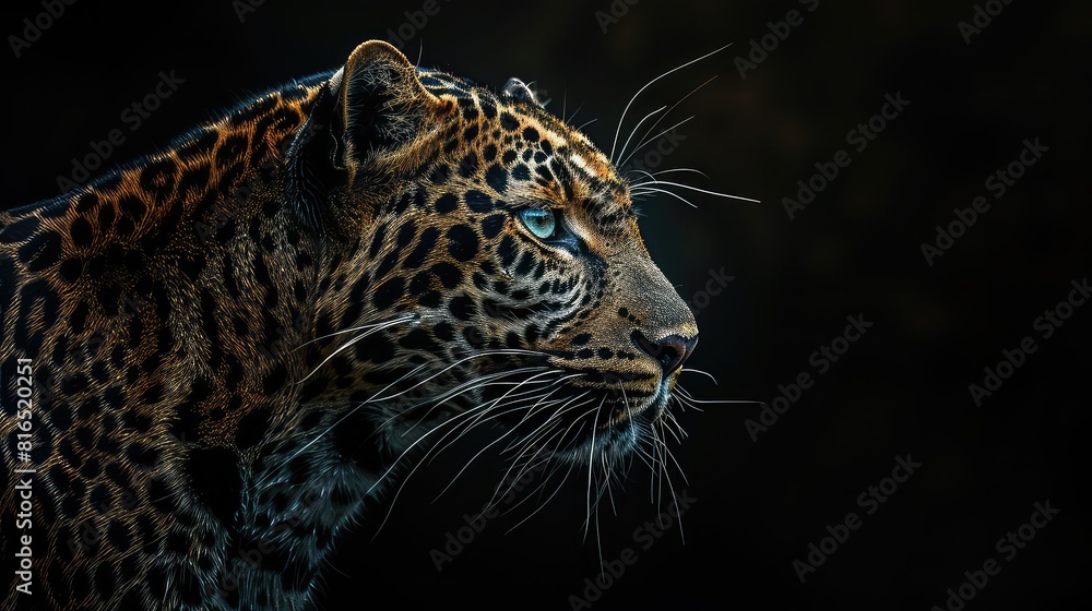 An atmospheric photo capturing the fierce beauty of a leopard against a dark black background, with its distinctive markings and piercing eyes creating a mesmerizing scene in breathtaking. An atmospheric photo capturing the fierce beauty of a leopard against a dark black background, with its distinctive markings and piercing eyes creating a mesmerizing scene in breathtaking.