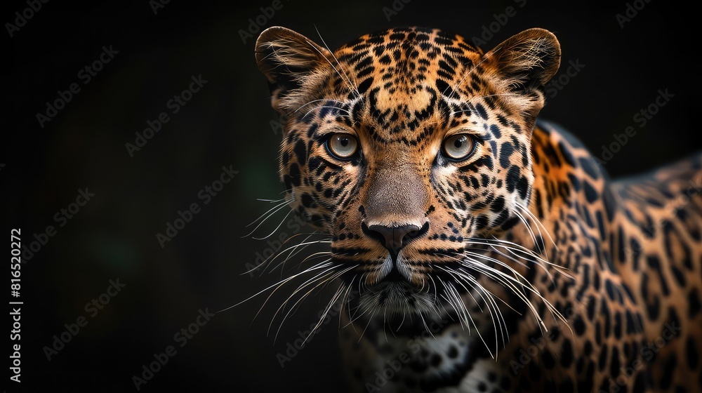 Obraz premium An inspiring shot showcasing the intricate details of a leopard's coat against a deep black background, with its piercing eyes adding to the mystique of this beautiful predator in stunning.