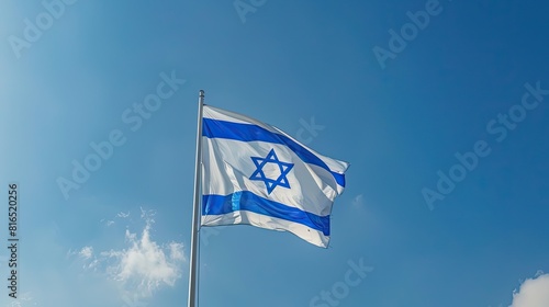 banner background of Israel Independence Day theme banner design for microstock, no text, and wide copy space, [A group of diverse people holding Israeli flags and smiling, representing unity