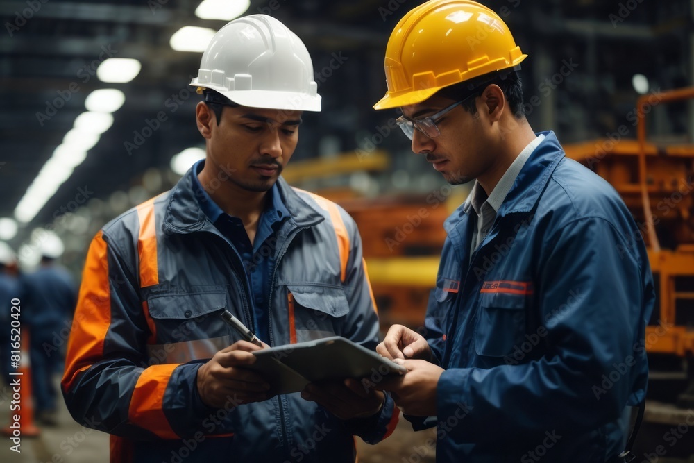 professional engineer technician discussing job in steel metal manufacturing factory industry professional engineer technician discussing job in steel metal manufacturing factory industry