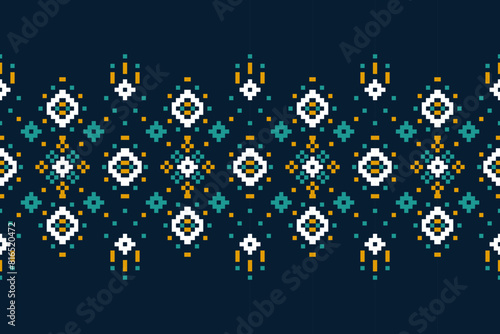 Pixel ethnic pattern, Vector embroidery pattern background, Geometric traditional triangle style, Blue and orange pattern knitting vintage, Design for textile, fabric, batik, kaftan, fibres