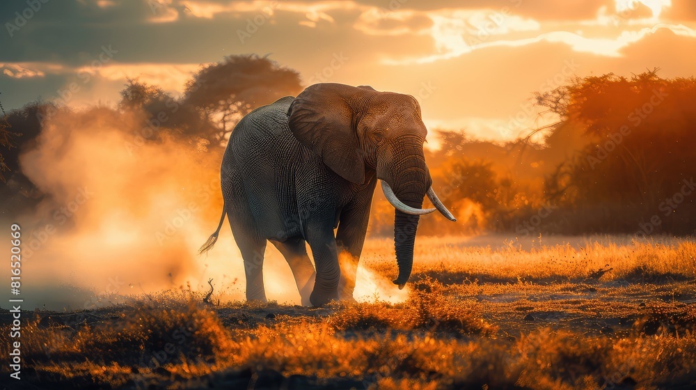 Fototapeta premium A captivating photo capturing the tranquility of an African elephant as it walks through the serene landscapes of National Park.