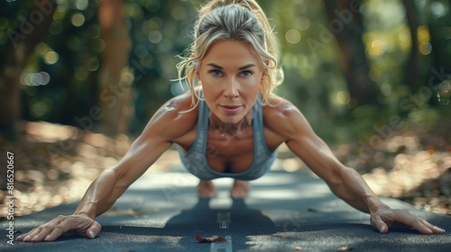 Mature athletic woman doing push-up exercises in a park demonstrates discipline and healthy lifestyle
