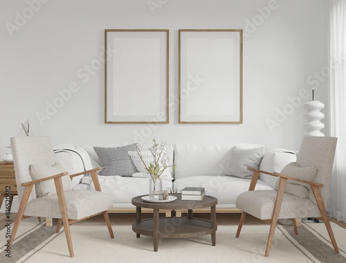 Mockup frame, poster in home living elegance design, cozy element mockup interior, 3d rendering. © Thossaphon