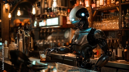 The picture of the robot that working as the bartender at the bar also serving the beverage or cocktails, the bartender require skill ingredient knowledge, menu development and flavor pairing. AIG43. © Summit Art Creations