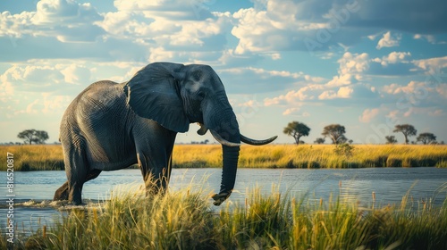 A captivating photo capturing the tranquility of an African elephant as it walks through the serene landscapes of National Park.