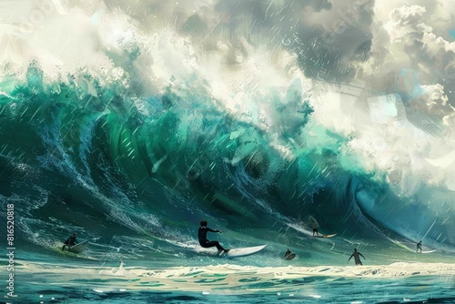 a painting of people surfing on a large wave photo