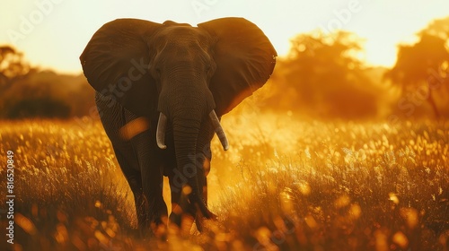 An engaging photo showcasing the magnificence of an African elephant in National Park, its elegant stride and swaying trunk captured in exquisite detail in mesmerizing 8K resolution.