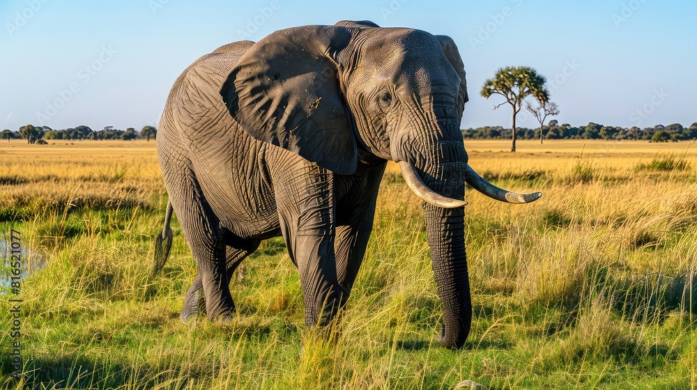 Obraz premium A majestic African elephant, Loxodonta africana, strolls gracefully through Chobe National Park in Botswana, its trunk swaying gently in the warm sunshine, creating a breathtaking 8K.