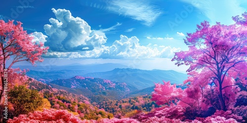 An engaging stock photo featuring a colorful landscape filled with lush trees  pink mountains  and floating flowers  set against a serene blue sky with fluffy white clouds  creating a tranquil.
