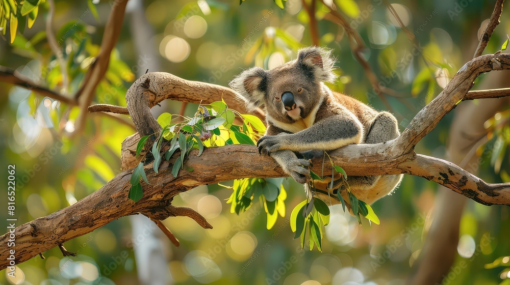 Obraz premium An inspiring image showcasing the tranquility of a koala bear in its natural habitat, peacefully seated on a tree branch and nibbling on leaves, making it a serene choice for a 4K wallpaper.
