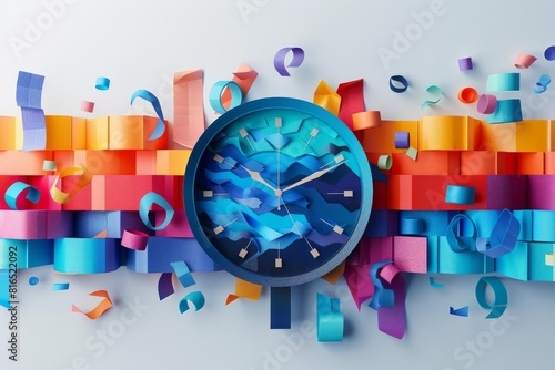 Craft a dynamic side-view illustration showcasing a colorful countdown clock ticking down to a momentous graduation event Include intricate paper chains cascading in vibrant hues
