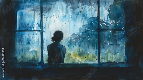 Craft a poignant scene of a solitary figure gazing out a rainy window, captured in detailed watercolor brushstrokes Evoking solitude and introspection