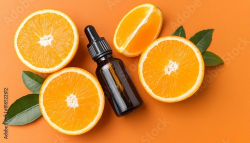 Natural orange essential oil in bottle and cut oranges fruit on orange background table. Citrus oil for skin care, spa, aromatherapy and natural medicine. Flat lay, top view, copy space