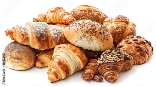 Heap of tasty croissants and bread rolls on a blank white surface