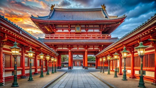 Picture of the entrance to Sensoji Temple. Japan with beautiful red lanterns lined up