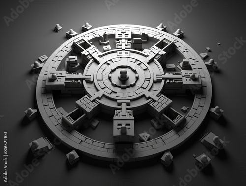 Enigmatic artifact flat design top view archeological find theme 3D render black and white
