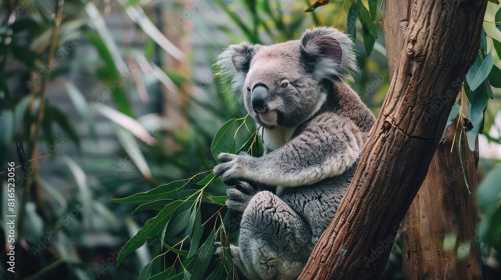 Fototapeta premium An inspiring shot capturing the charm of a koala bear as it sits on a branch, contentedly munching on leaves against the backdrop of lush foliage, making it an ideal choice for a stunning wallpaper. 