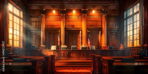 American courtroom before trial with grand wooden interior judges bench and tables. Concept Courtroom Interior Design, Legal System, Judicial Proceedings, Courtroom Decor photo