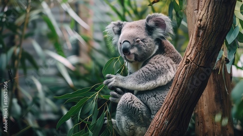 An inspiring shot capturing the charm of a koala bear as it sits on a branch  contentedly munching on leaves against the backdrop of lush foliage  making it an ideal choice for a stunning wallpaper. 