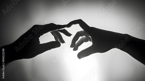 Finger Touching hands silhouette man woman white background couple feeling love Black and white photo picture Hands Shadow Black and white photo Life Love : Generative AI photo