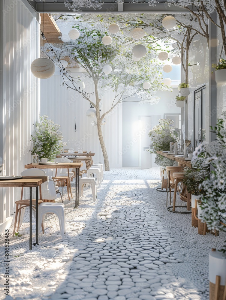 Obraz premium A tranquil indoor space with pebble path, wooden furniture, and plants covered in snow-like decor