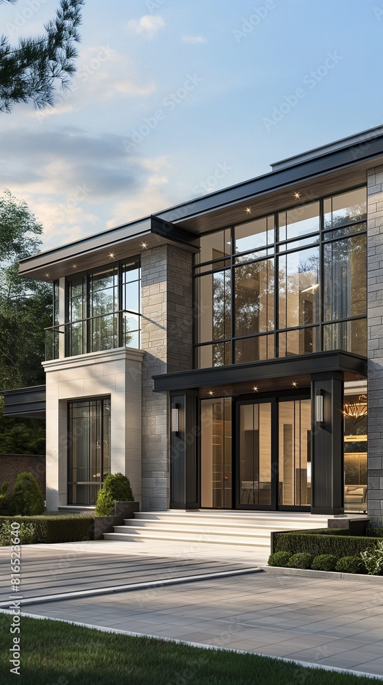 A Vertical Image Of A Modern House Front With A Staircase Leading To The Entrance Door. A Vertical Image Of A Modern House Front With A Staircase Leading To The Entrance Door.