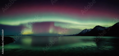 Panoramic photo of northern lights, aurora borealis at night