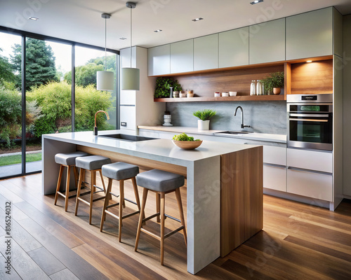 A sleek  minimalist kitchen island with integrated storage and seating.