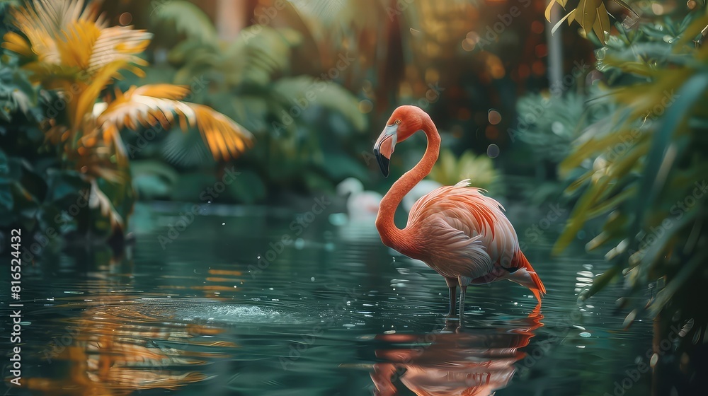 Fototapeta premium An inspiring image featuring a flamingo in its natural habitat, with the picturesque beauty of the surroundings making it an excellent choice for a high-resolution 4K wallpaper.